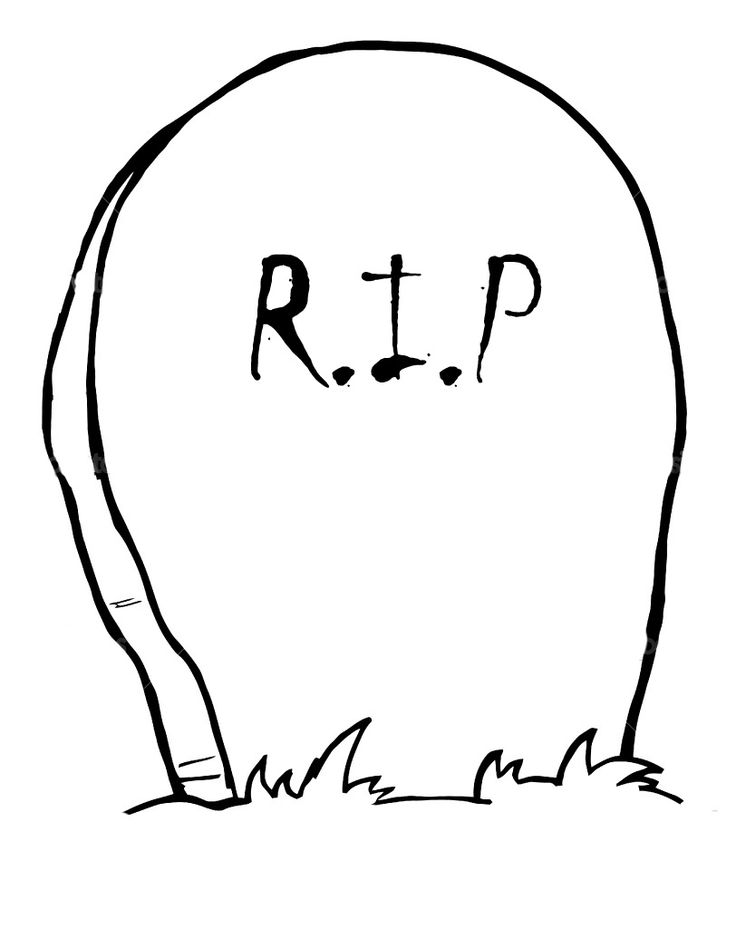 Hand-drawn tombstone with "R.I.P." inscription, grass at base, simple black-and-white sketch style.