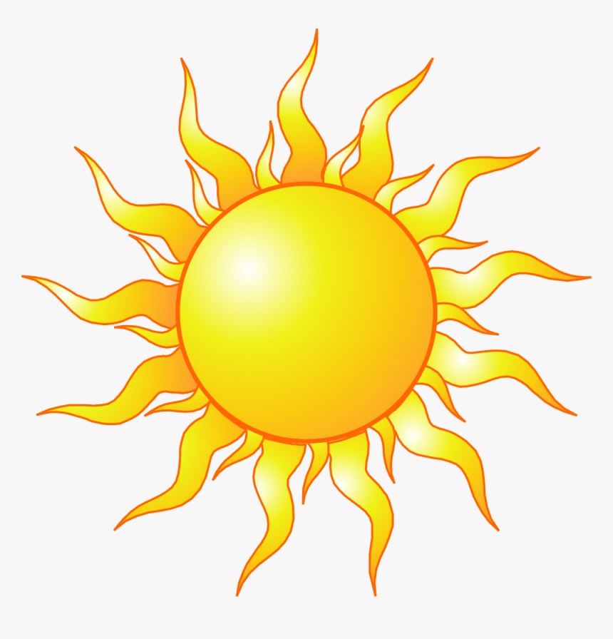 Bright yellow cartoon sun with wavy orange flames radiating outward on white background.