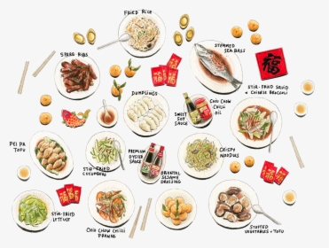 A vibrant overhead layout of traditional Chinese New Year dishes including dumplings, fish, rice cakes, and symbolic foods with red envelopes.