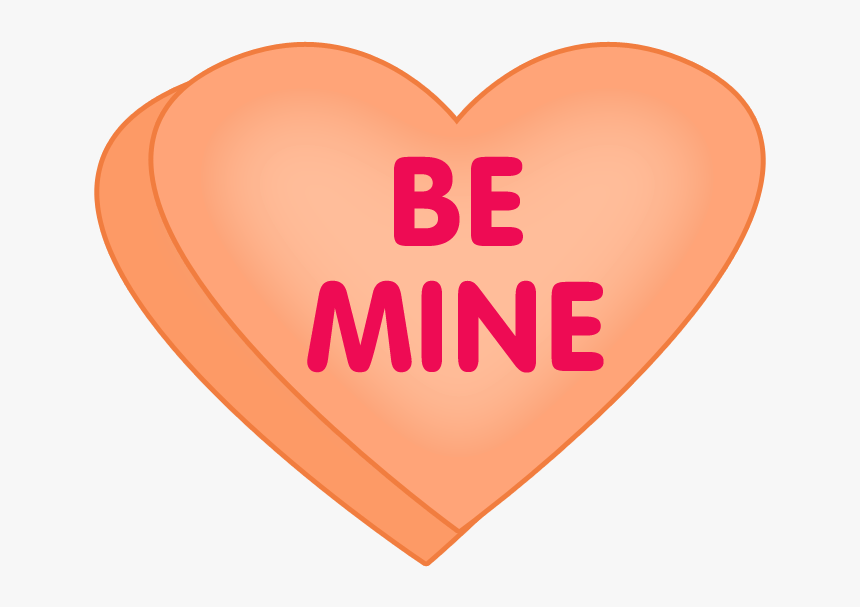Peach heart-shaped candy with "BE MINE" in bold pink text, layered for depth.