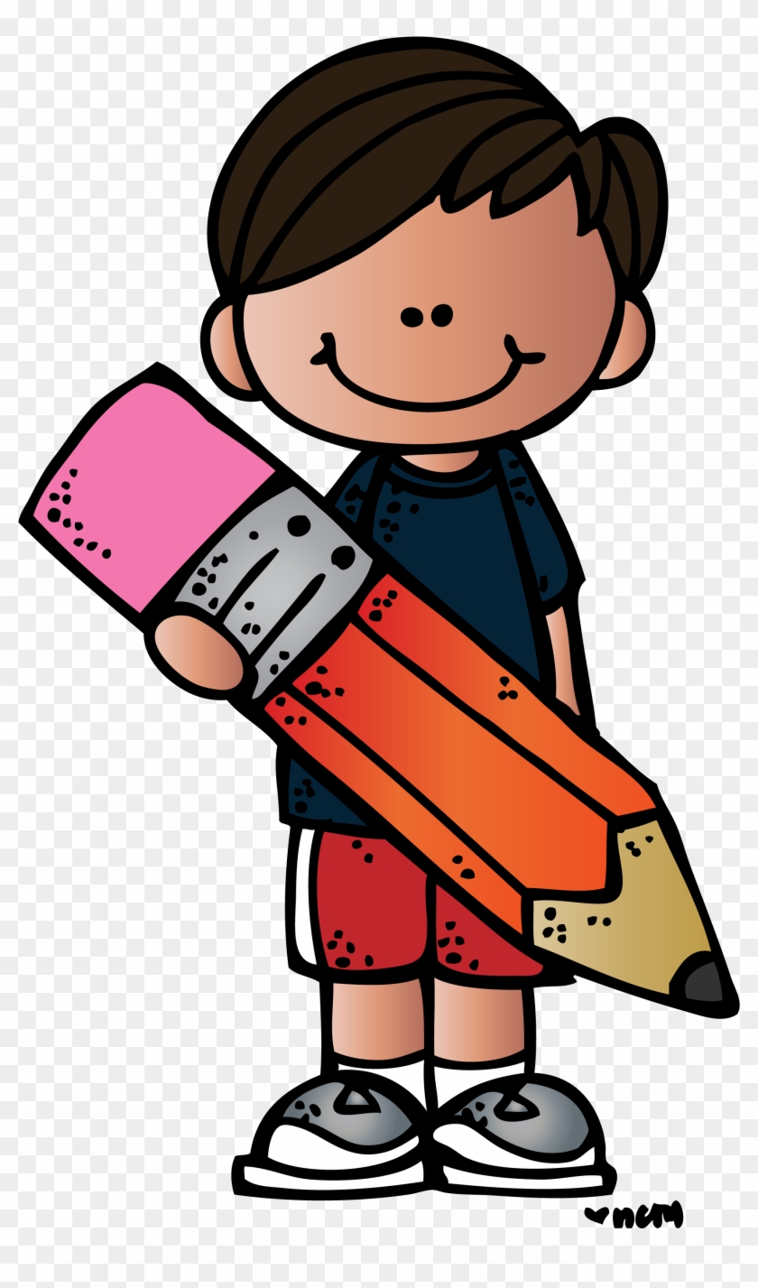Smiling cartoon boy holding a giant pencil with pink eraser, wearing blue shirt and red shorts.