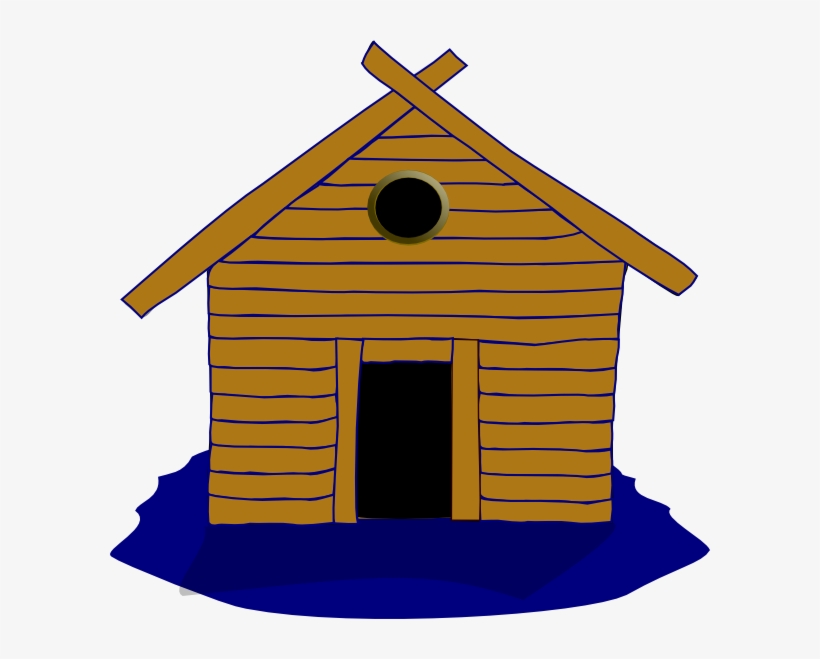 Simple wooden log cabin with round window, gabled roof, and dark blue shadow base.