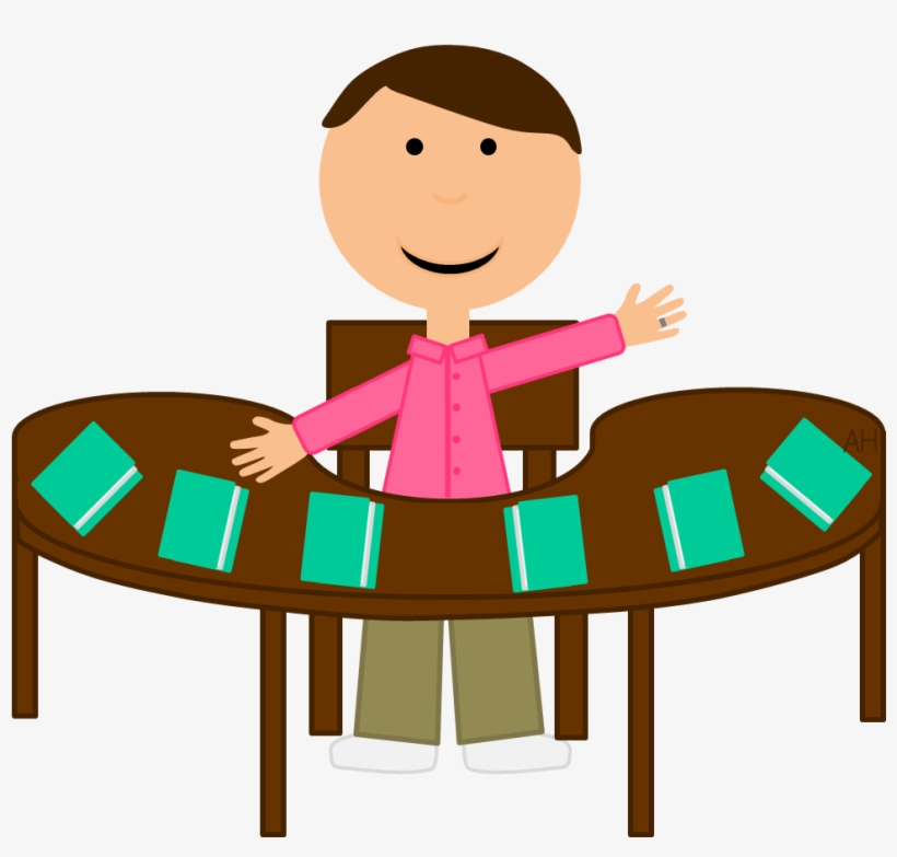 Smiling child in pink shirt sits at a curved wooden table with six green books arranged evenly.