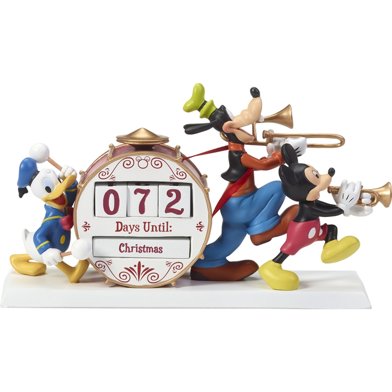 Mickey, Donald, and Goofy play instruments around a Christmas countdown drum showing 72 days left.