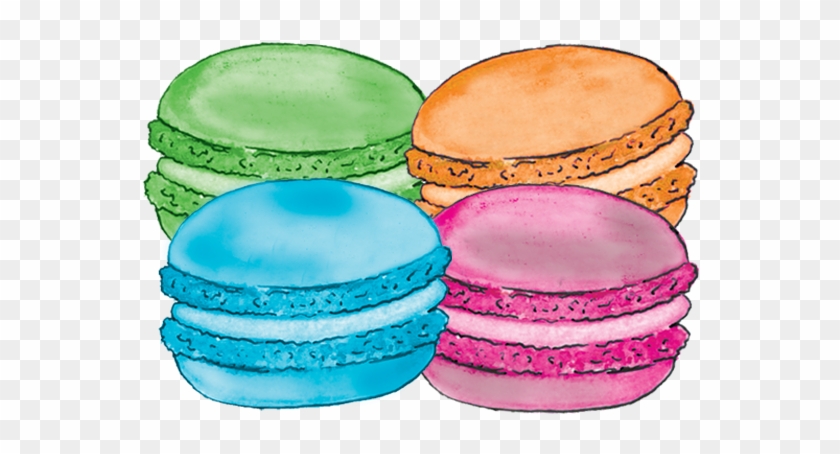 Four colorful watercolor macarons-green, orange, blue, and pink-stacked on a transparent background.