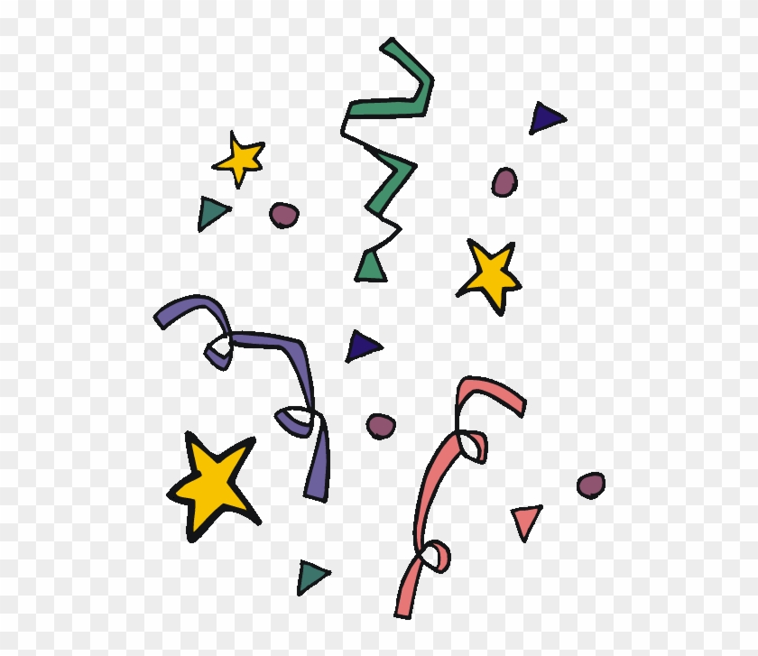 Colorful hand-drawn confetti with stars, ribbons, triangles, and dots on transparent background.