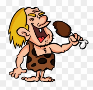 Cartoon caveman with blonde hair and leopard-print tunic joyfully eating a drumstick on a bone.
