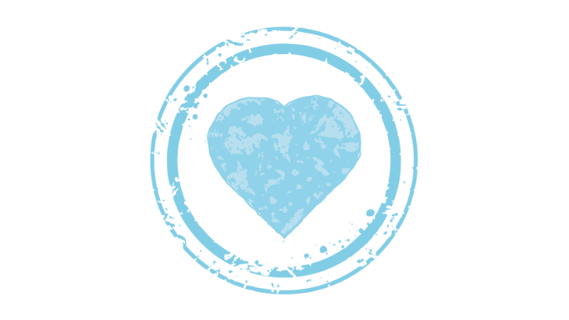 Light blue distressed heart inside a double-ring circular stamp on black background.