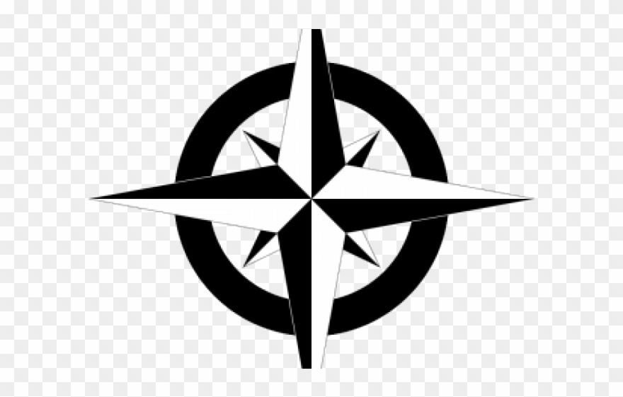 Black and white compass rose symbol with eight-pointed star and circular ring on transparent background.