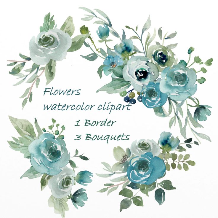 Watercolor floral clipart set featuring a border and three bouquets in soft teal, sage, and white tones with green foliage.