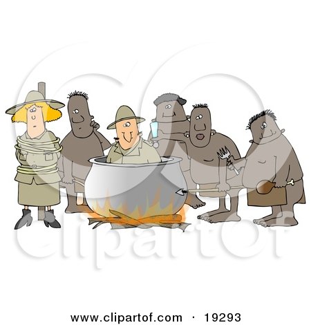 A cartoon of six people around a large cauldron over fire, one inside smiling, others holding tools or bound, in humorous survivalist scene.