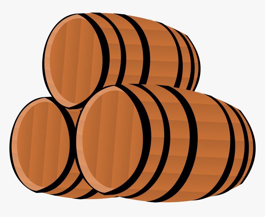Stack of three wooden barrels with black metal hoops, cartoon-style illustration.