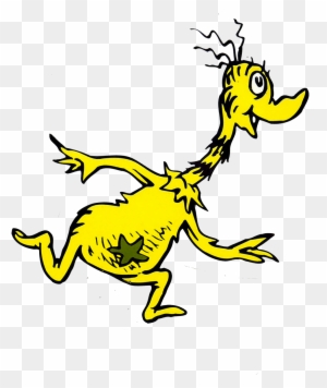 A whimsical yellow Dr. Seuss-style bird character with spiky hair, a star on its belly, and expressive eyes mid-stride.