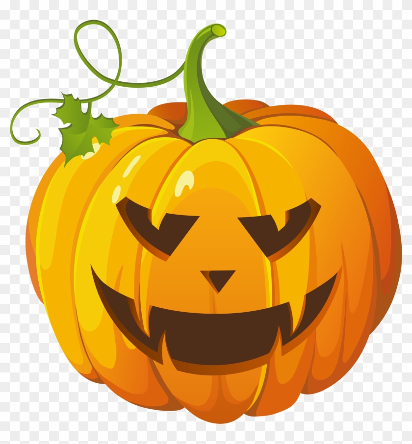 Carved Halloween jack-o'-lantern with menacing grin, green stem, and vine on transparent background.