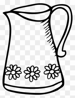 Black-and-white line drawing of a decorative pitcher with three daisy motifs and a curved handle.