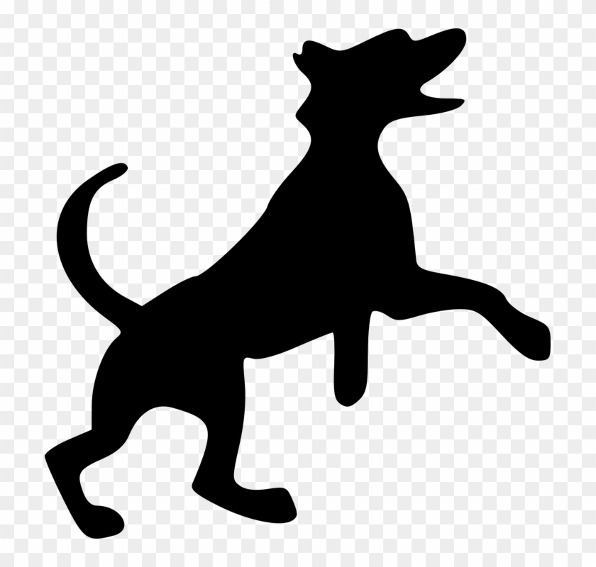 Black silhouette of a joyful dog leaping with open mouth and curved tail on transparent background.