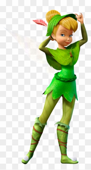 Tinker Bell in green leaf outfit, posing with wings spread and a playful smile.