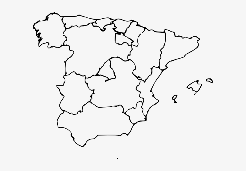 Black-and-white outline map of Spain showing autonomous communities and Balearic Islands.