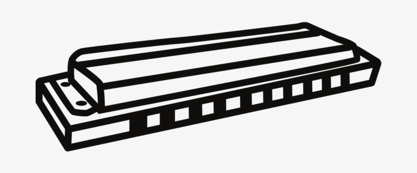 Black-and-white line drawing of a diatonic harmonica with ten holes and metal cover plates.
