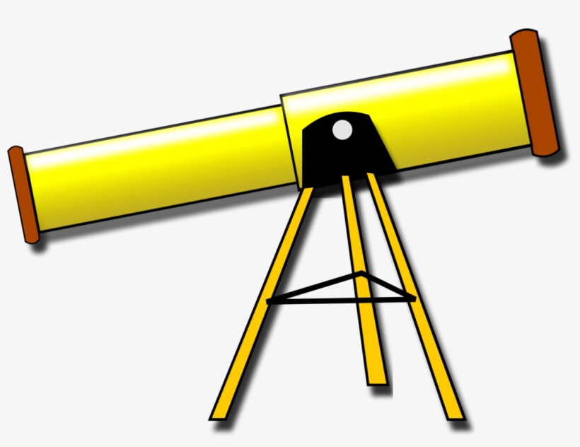 Bright yellow refracting telescope on a tripod stand, cartoon-style illustration.