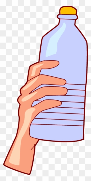 Hand holding a transparent plastic water bottle with yellow cap, illustrated in cartoon style.