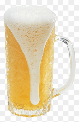 Frothy golden beer overflowing from a textured glass mug with handle, foam dripping down the side.