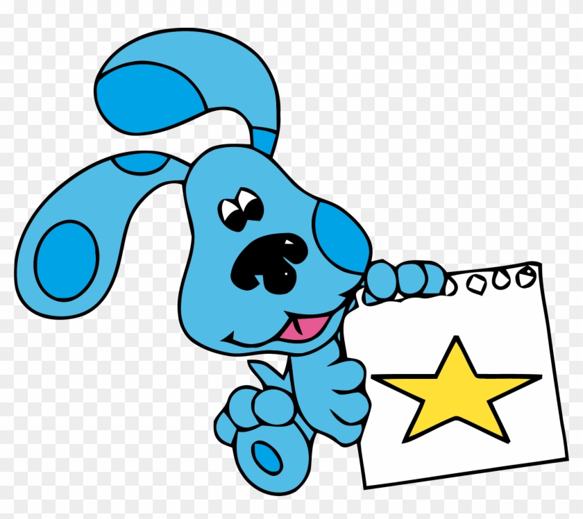 Blue cartoon dog holding a notepad with a yellow star, smiling cheerfully.