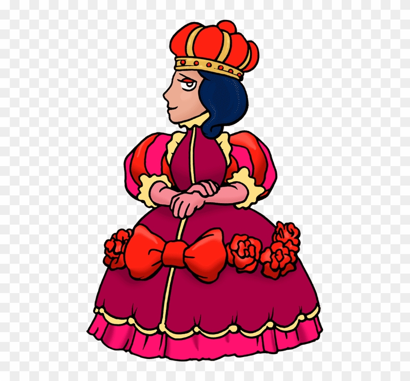 A regal cartoon queen with a red crown, blue hair, and a magenta gown adorned with roses and bows.