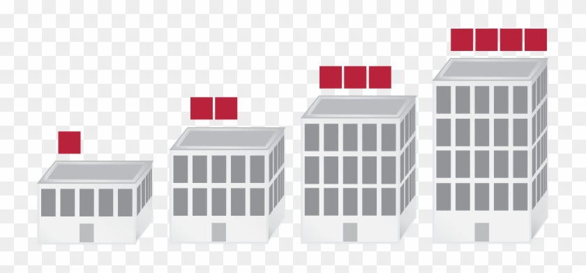 Four ascending gray office buildings with red rooftop elements, symbolizing business growth or corporate hierarchy.