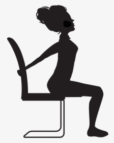 Silhouette of a woman sitting upright on a modern chair, hands resting on the backrest, profile view.
