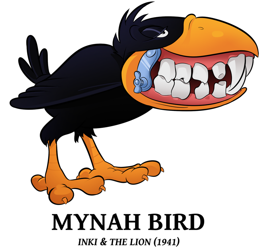 Cartoon crow with oversized orange beak, human-like teeth, and a blue dental appliance, standing on black background.