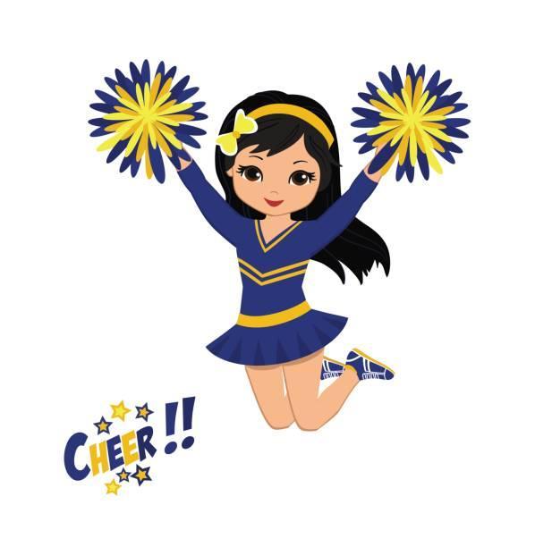 Cheerleader girl in blue and yellow uniform jumping with pom-poms, smiling enthusiastically.