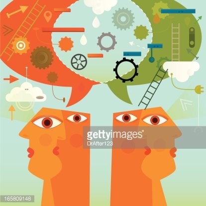Four stylized orange faces with speech bubbles containing gears, ladders, clouds, and arrows symbolizing collaborative thinking and innovation.