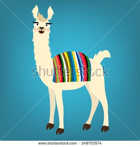 Stylized white llama with colorful striped saddle blanket against blue background.