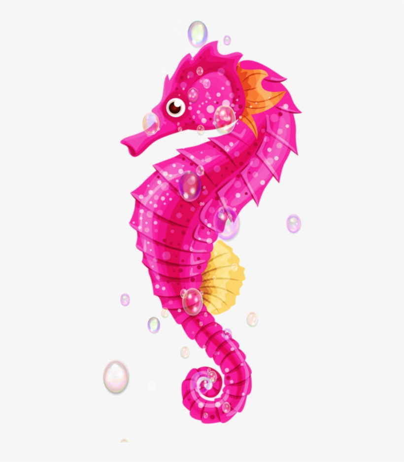 Vibrant pink seahorse with orange fins and bubbles, cartoon-style illustration on white background.