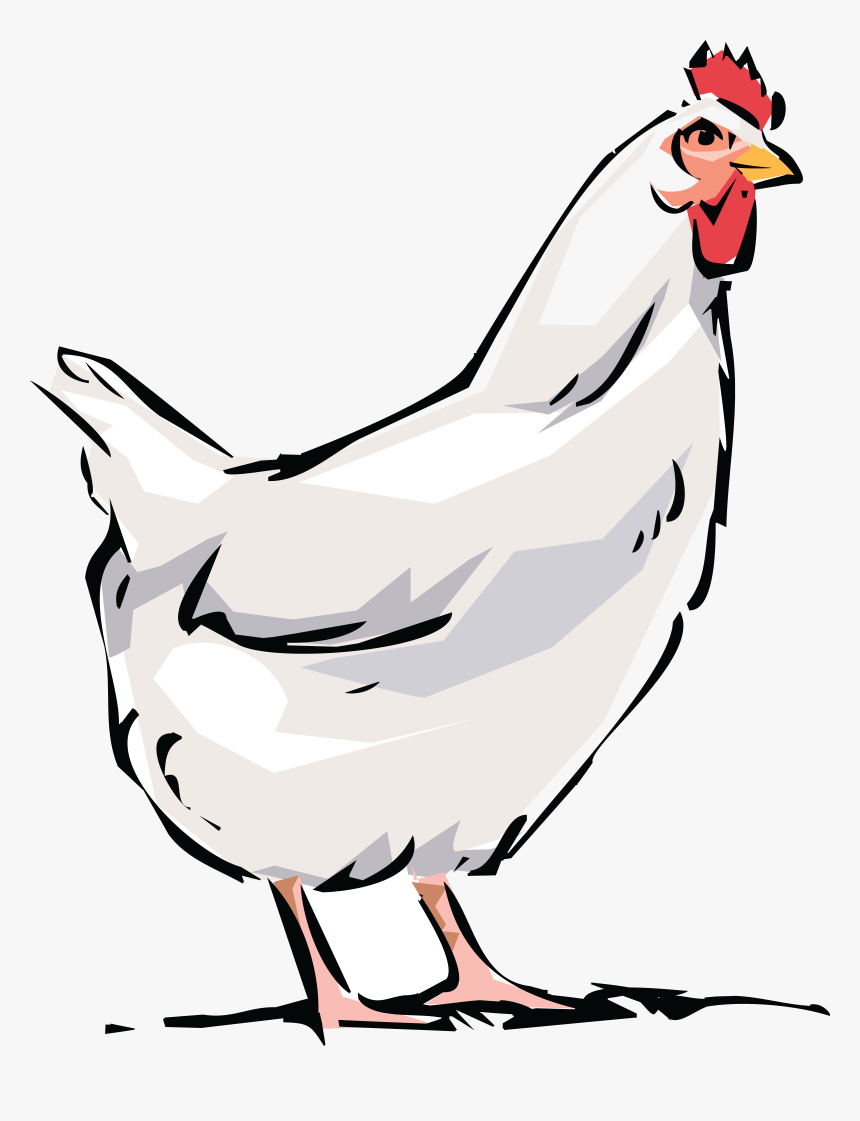 Stylized white chicken with red comb and wattle, standing in profile view, bold black outlines and flat color illustration.