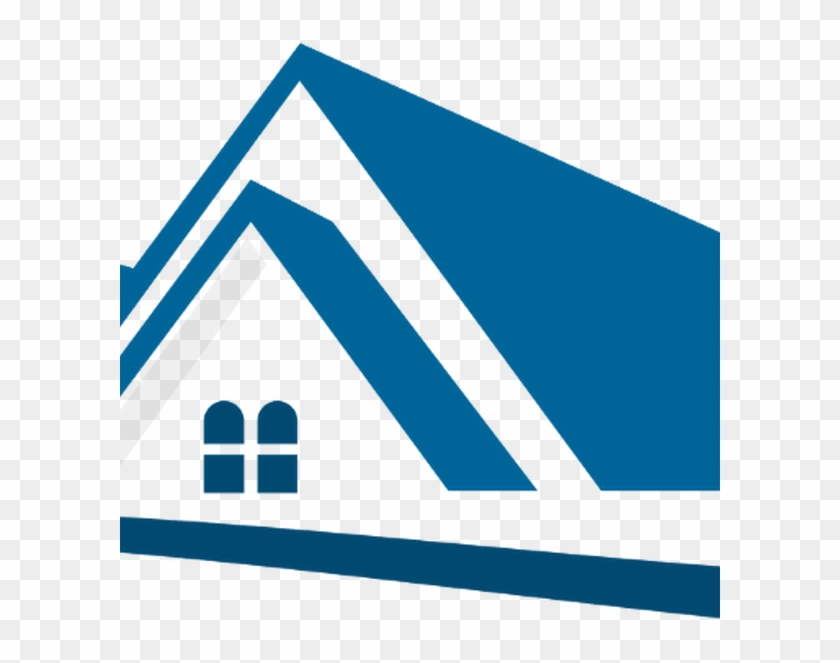 Blue minimalist house logo with triangular roof, window, and foundation line on transparent background.