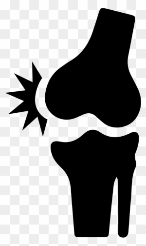 Black silhouette of a knee joint with a starburst pain symbol indicating knee pain or injury.