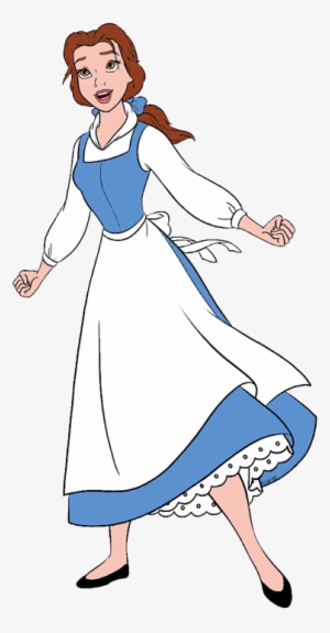 Belle from Disney's Beauty and the Beast in her iconic blue-and-white village dress, mid-dance pose.