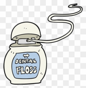 Cartoon-style dental floss container with a long strand of floss unspooling from the top.