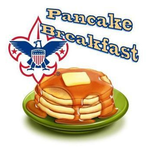 Boy Scouts Pancake Breakfast logo with eagle emblem and stack of pancakes on green plate.
