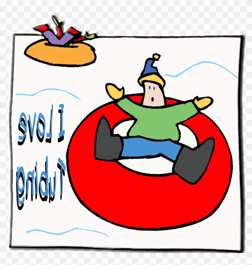 A cartoon person in a red inner tube tubing down a snowy slope, with another tuber flipping overhead and text reading "I love tubing".