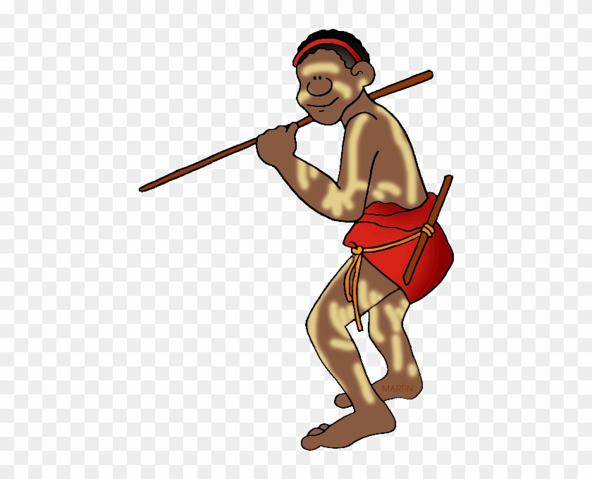 Cartoon illustration of an Indigenous Australian man with body paint, holding a spear and wearing a red loincloth.