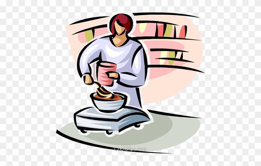 A person in a lab coat measures ingredients into a bowl on a digital scale, with shelves of colorful containers in the background.