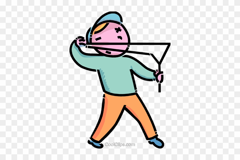 Cartoon person aiming a slingshot with focused expression, wearing cap, green shirt, and orange pants.