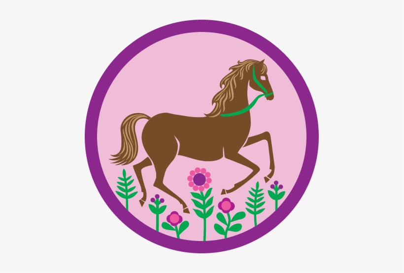 Brown horse with green bridle prancing among pink flowers in a purple circular frame.