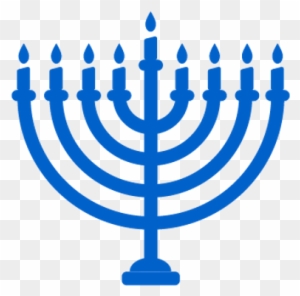 Blue Hanukkah menorah with nine lit candles on transparent background.