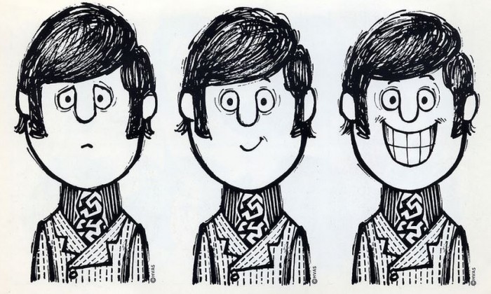 Three cartoon portraits of the same man showing sad, neutral, and happy expressions.