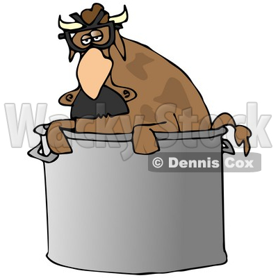 Cartoon bull wearing sunglasses and a bandana, sitting inside a large metal pot.