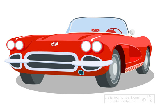 Red classic 1950s convertible sports car with chrome grille and dual headlights, front three-quarter view.